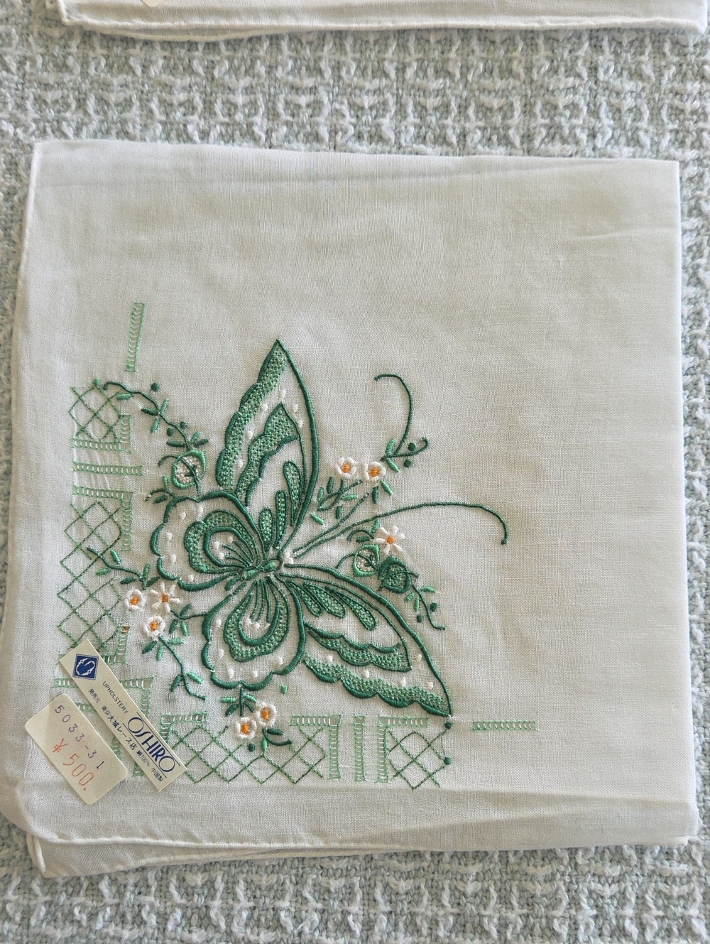 Green Embroidered Butterfly Linen Handkerchiefs Set of 10.